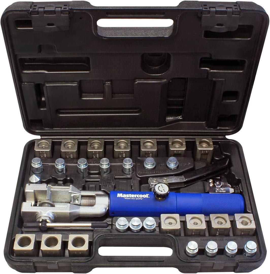 Mastercool 72475-PRC Universal Hydraulic Flaring Tool Set Patented Design 45 Double & Single Flares, Push Connect, GM Fuel Line, Brake Line Includes Hydraulic Ram & Mini Tube Cutter