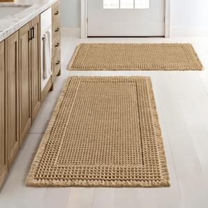 MIULEE Set of 2 Waffle Bathroom Rugs, Boho Bath Rug Super Absorbent, Non Slip Washable Ultra Soft Rubber Backed Shower Bath Mats for Floor, Tub, Shower, Bordered Design, Brown, 18x30 Inch