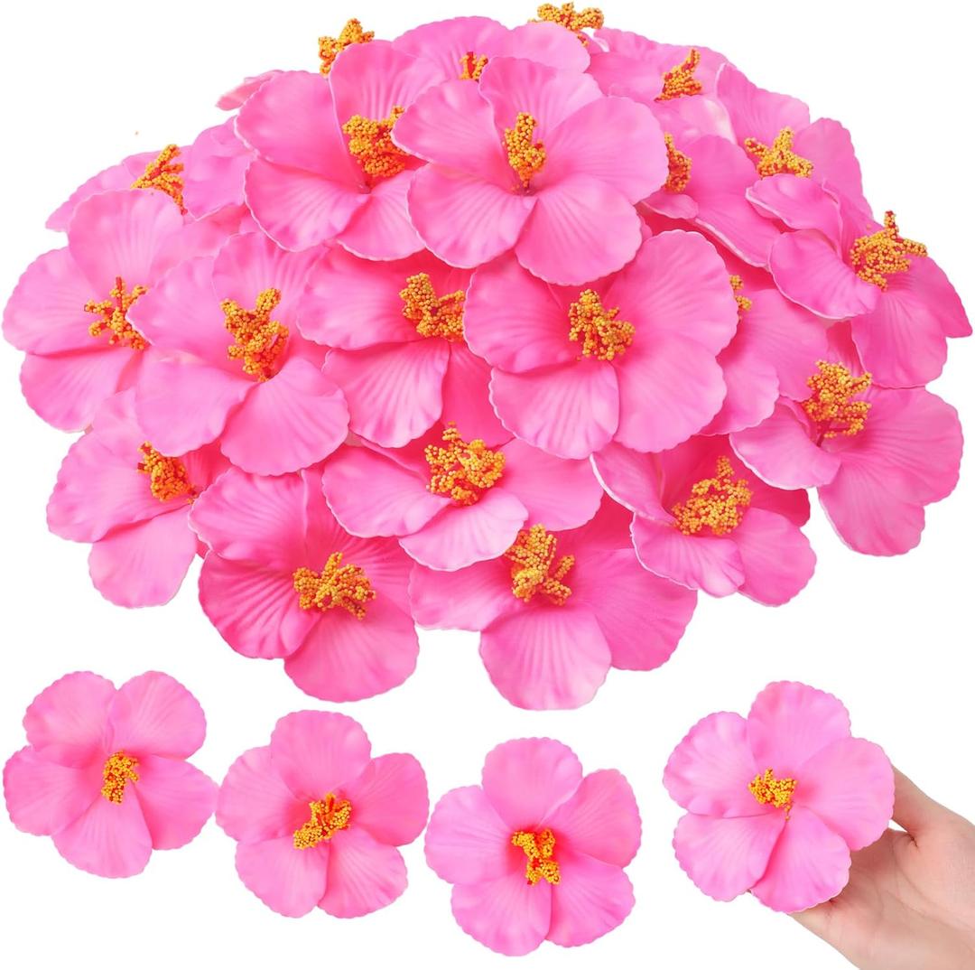 Hotop 24 Pcs Artificial Hibiscus Flowers Pink Hawaiian Fake Flowers Faux Tropical Hibiscus Decoration for Luau Summer Party Decor DIY Crafts Cake Favors Supplies Table Centerpieces