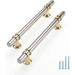 Rergy Cabinet Handles Drawer Pulls and Knobs, 2Pack Brushed Nickel and Gold 5inch Hole Center, Kitchen Hardware for Dresser Handle Zinc Alloy Furniture Pull