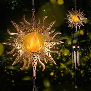 Solar Sun Wind Chimes Outdoor with Flame, Waterproof Wind Bells Light with Crackle Glass Ball for Outside, Clearance Unique Gifts for Mother's Day, Mom, Women, Girls, Yard, Garden, Party Decor