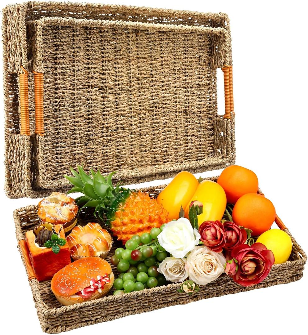 Suzile 2 Pcs Woven Rectangle Wicker Seagrass Tray with Handles - Basket Trays for Serving Food, Coffee Table, Home Shelf, Bathroom, Living Room, 19.6 x 11.8 x 1.9''