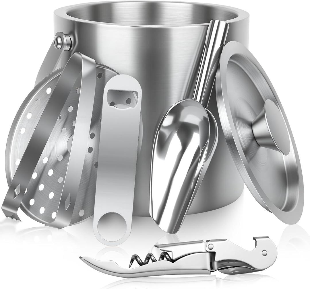 3L Ice Buckets for Parties 6PC Set, Stainless Steel Double-Wall Insulated Ice Bucket with Lid, Scoop, Tongs, Beer & Wine Opener – Ideal for Cocktail Bar, Outdoor Events & Keeps Ice Frozen Longer