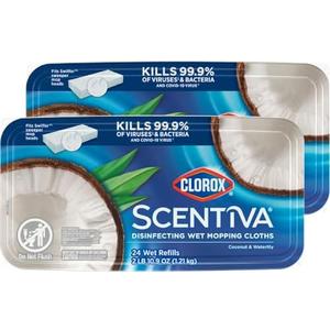 Clorox Scentiva Disinfecting Wet Mop Pad, Disposable Mop Heads, Coconut and Waterlily, 2 Packs, 24 Wet Refills Per Pack