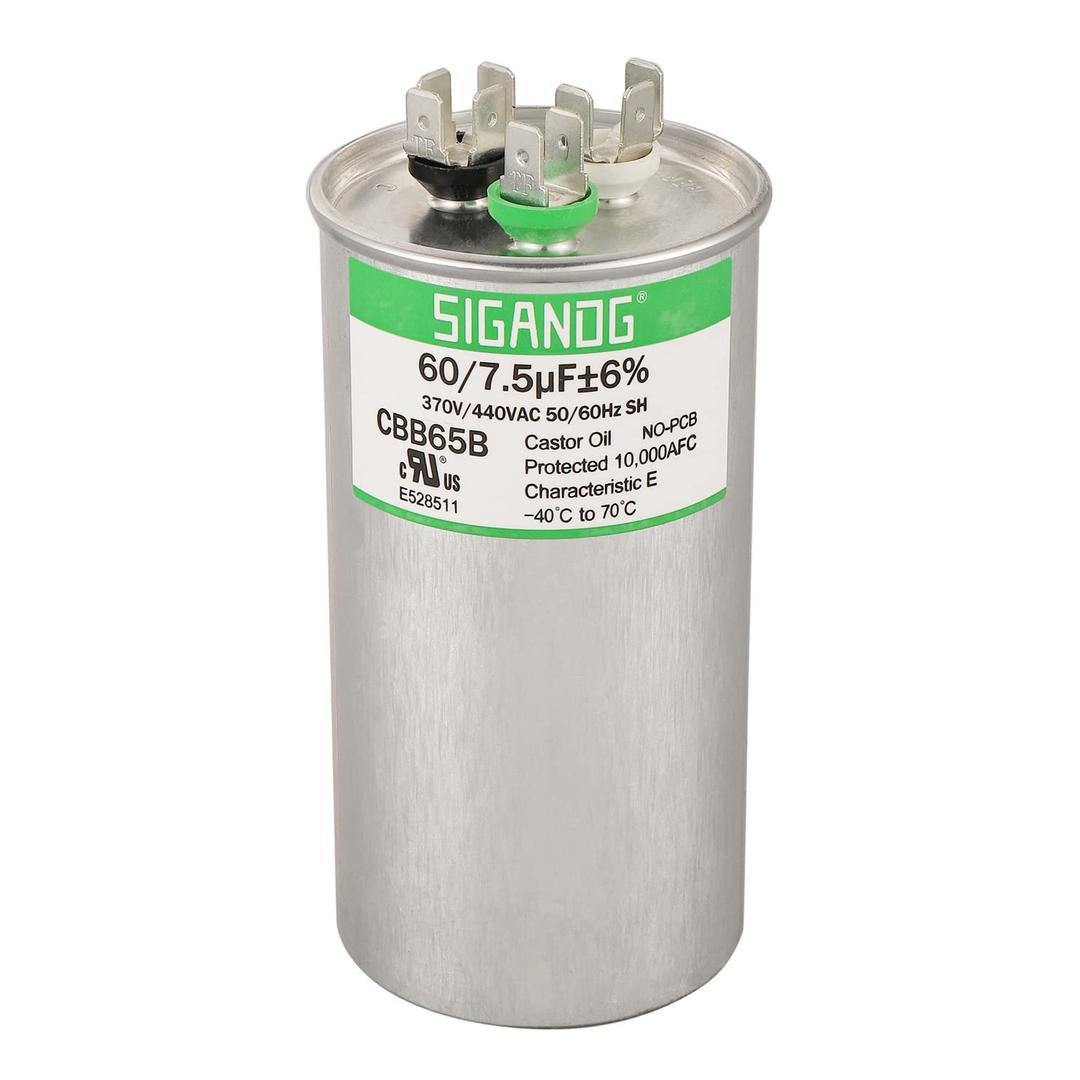 60/7.5 uF 60+7.5 MFD 370V or 440V CBB65 Dual Run Start Round Capacitor 60 7.5 uF MFD 370 440 Volt VAC for Condenser Straight Cool or Heat Pump Air Conditioner