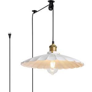 Hanging Plug in Pendant Light 13.8 Inch Round Metal Shade Vintage White Pendant Light for Kitchen Island Dome Industrial Hanging Lamp with Plug in Cord Living Room