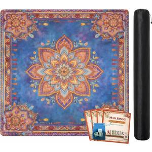Mahjong Table Mat, 31.5 x 31.5 Inch Waterproof Game Surface, Non-Slip Rubber Backing, 3mm Noise-Dampening Pad, Carry Bag, 4 Unofficial Rules Guides and 3 Dice for American Mahjong