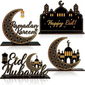4 Pack Ramadan Kareem Eid Mubarak Table Decorations - Wooden Tabletop Signs, Black and Gold Wood Tiered Tray Centerpieces for Islamic Al-Fitr Eid and Ramadan Decor