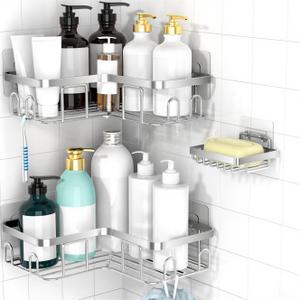 Moforoco Corner Shower Caddy Shelf Organizer Rack, Self Adhesive Black Bathroom Shelves Basket, Home Shower Inside Organization and Storage Decor Rv Accessories, First Apartment EssentialsSilver