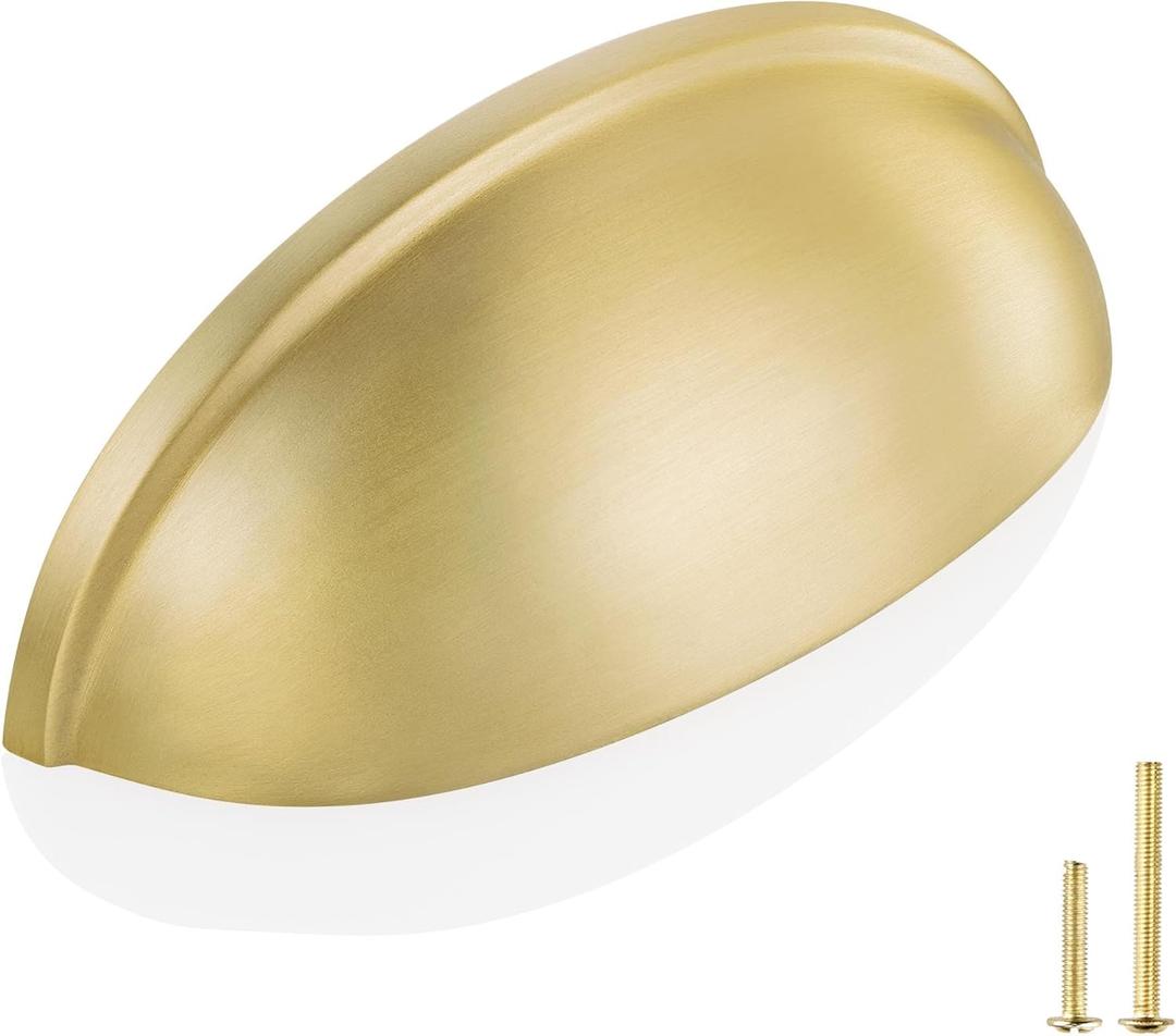 QOGRISUN 10-Pack Solid Brass Cabinet Bin Pulls,Gold Cup Drawer Dresser Handles,3-Inch Hole Center, 3-3/5-Inch Overall Length,Kitchen Cupboard Konbs Hardware, Brushed Brass Finish