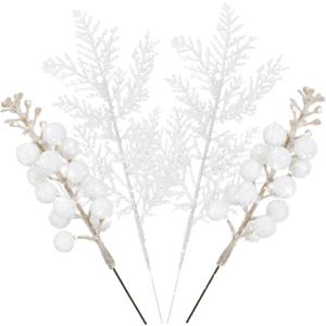 Janinka 160 Pcs 10 inch Christmas Tree Picks Decorations Include 80 Glitter Christmas Berries Stems and 80 Artificial Pine Needles Branches for Xmas Tree Ornaments DIY Wreaths Vase(White)