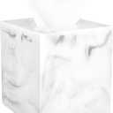 Luxspire Resin Paper Tissue Box Cover Holder, Square Facial Tissue Case, Pumping Paper Roll Toilet Paper Holder Napkin Dispenser for Office Bedroom Car Bathroom Vanity Accessories Decor, Marble White