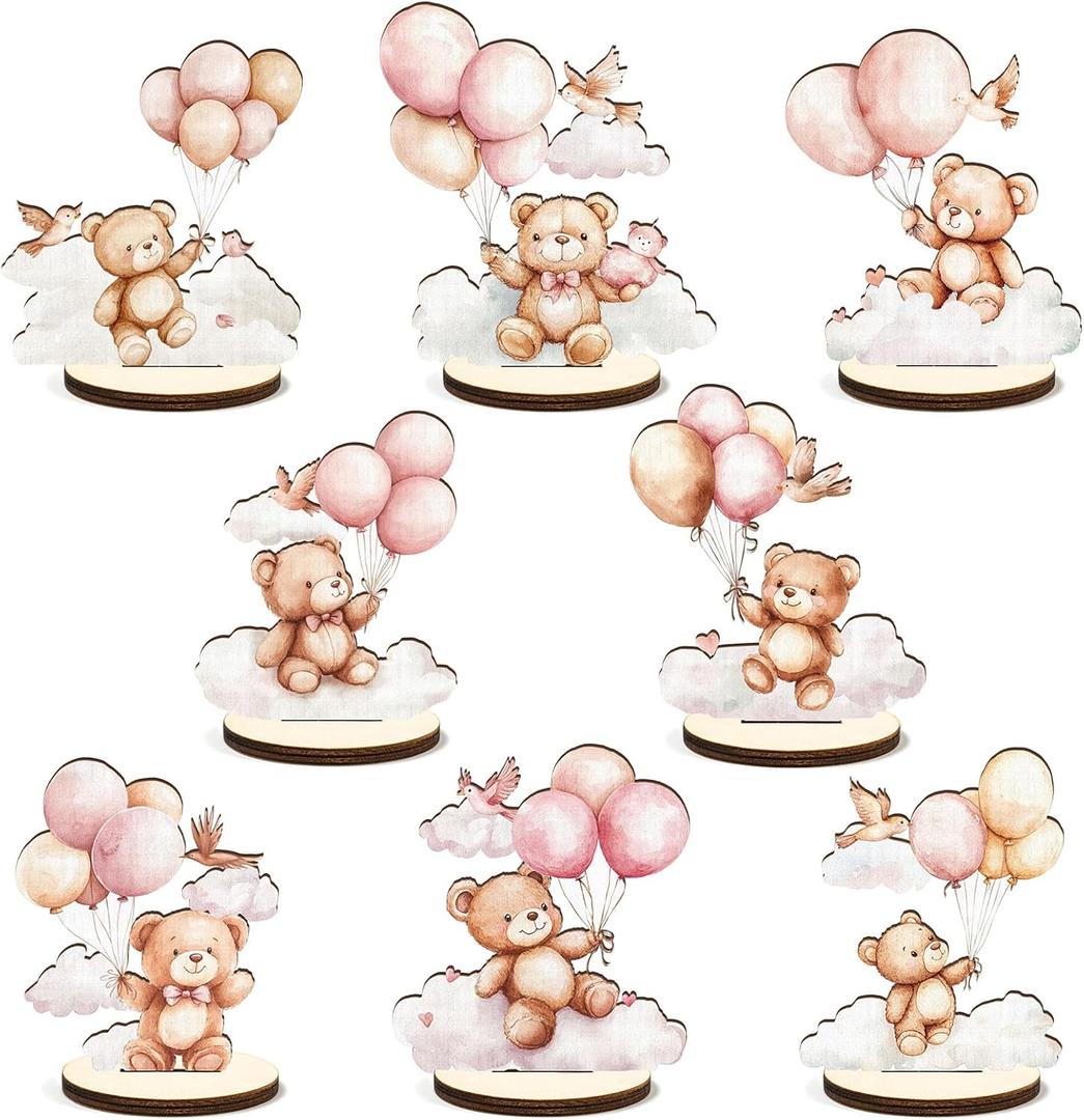 16 Pcs Wooden Baby Shower Table Centerpiece Pink Bear Tabletop Detachable Sign It's A Girl Gender Reveal Table Toppers Display Decoration Bear Birthday Photo Props Party Favor Supplies