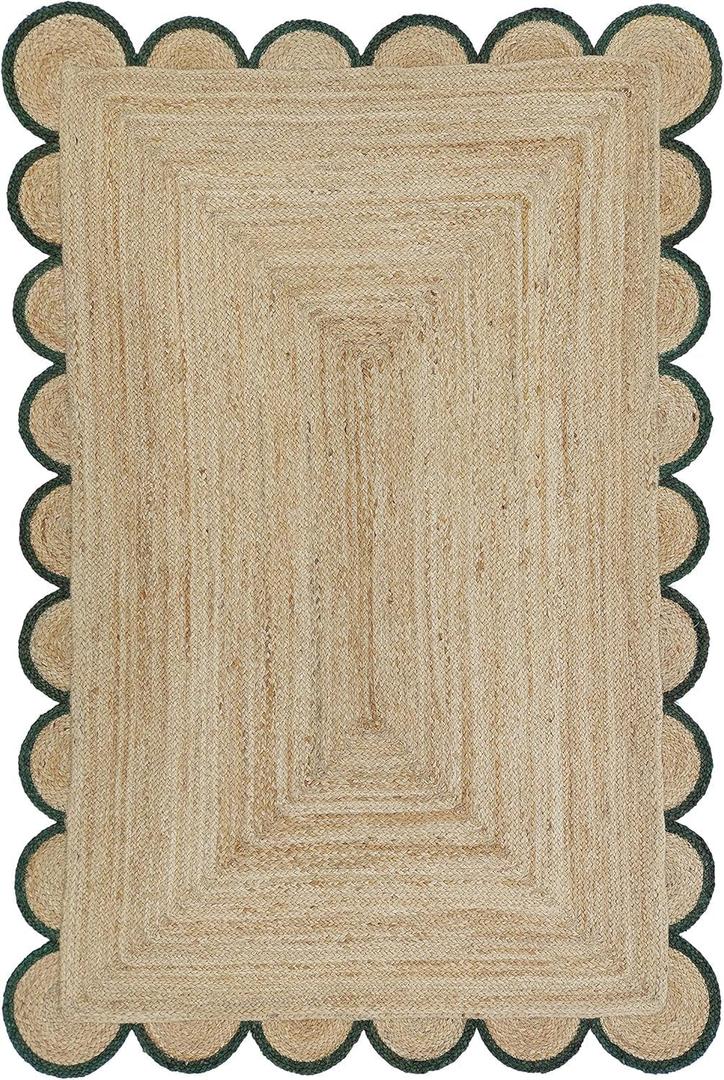 Hand Woven Farmhouse Jute Area Scalloped Rug Natural Scallop Pattern Jute Bohemian Base Green Trim Rug (Green, 2'x6')