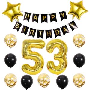 Chaungfu53 Birthday Party Supplies Gold Number 53 Foil Balloon Happy Birthday Banner Kit 53th Birthday Decoration Black Gold Latex Confetti Balloon Foil Star Balloon Great Gift for Girls Boys Birthday