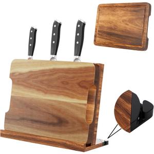 3 in 1 Magnetic Knife Block Stand, 14"x10" Cutting Board, Knife Sharpener - Wooden Magnetic Knife Holder - Acacia Display Holder Double Sided Storage Rack Magnets for Knives - No Assembly Required