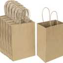 Oikss 100 Pack 5.25x3.25x8.25 Inch Small Plain Natural Kraft Paper Gift Bags with Handles Bulk for Birthday Party Favors Grocery Retail Shopping Business Goody Craft Bags Cub Sacks (Brown 100 Count)