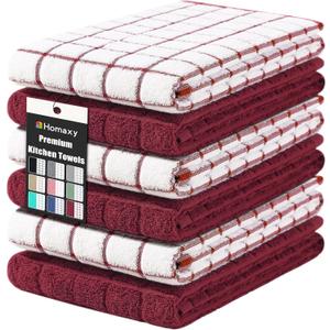 Homaxy Premium Cotton Kitchen Towels 16"x 28", Large Natural Ring Spun 390 GSM Dish Towels, Super Absorbent Terry Kitchen Hand Towels, Soft Tea Towel with Hanging Loop, Red Check Design,6 Pack