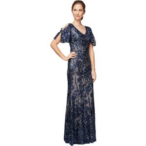 Alex Evenings Women's Long Mother of The Bride Sequin Dress with Cold Shoulder Flutter Sleeves (Blue) Navy/Nude Flutter Sleeve, 6P