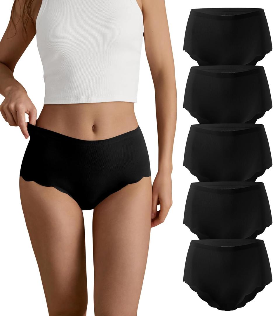 SHARICCA Seamless High Waisted Underwear for Women Cheeky Underwear Wave Edge No Show Bikini Panties Ribbed Panties Pack (Medium, 5p - All Black)