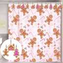 Geelin 13 Pcs Christmas Pink Gingerbread Shower Curtain Set for Bathroom Decor 72"w x 72"h Pink Cute Ginger Bread Candy Cane Shower Curtain with 12 Gingerbread Hooks for Christmas Bathroom Decoration