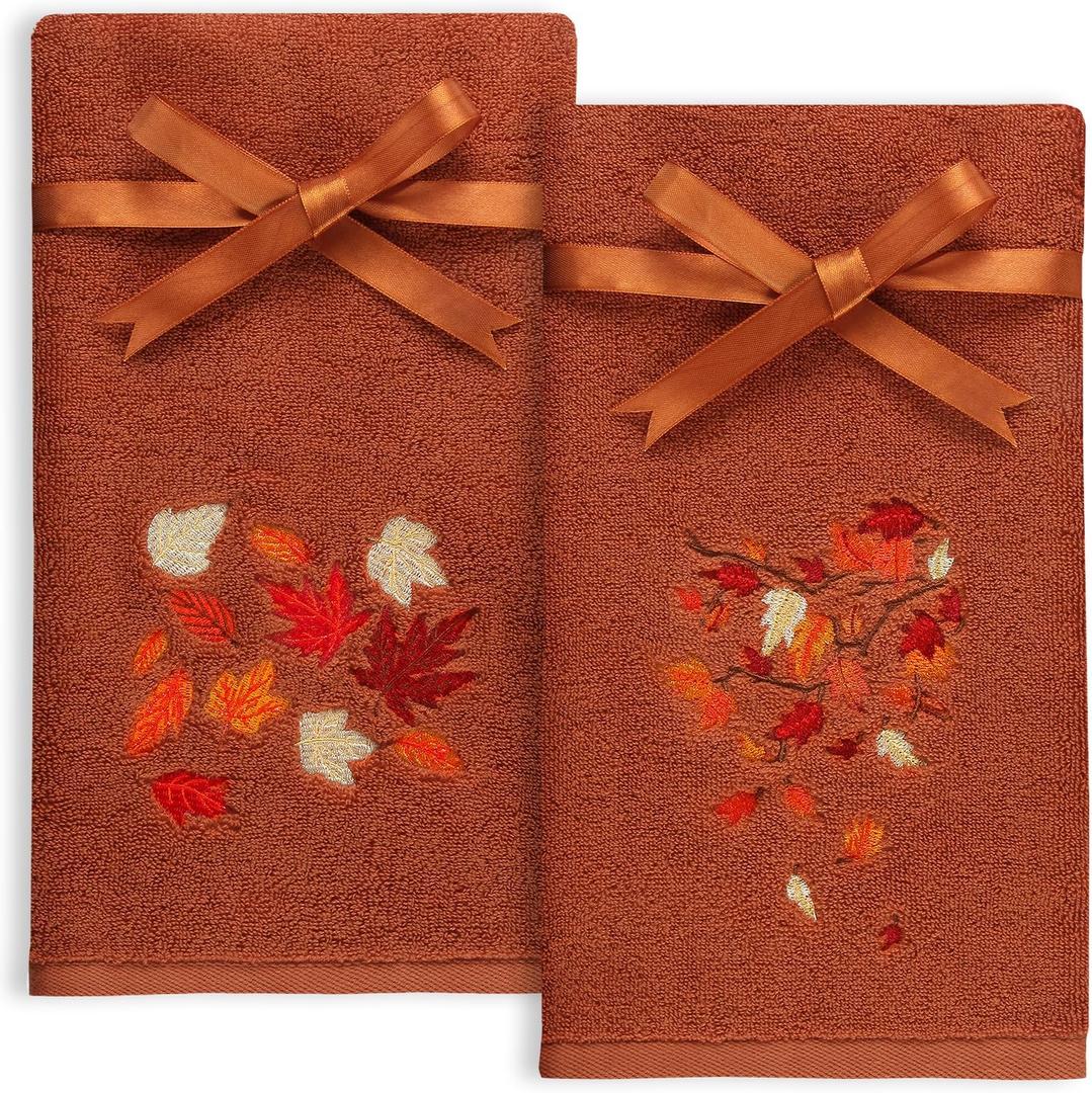 Quera 2 Pack Fall Hand Towels Autumn Leaves Thanksgiving Embroidered Premium Luxury Decor Bathroom Decorative Dish Set for Drying Cleaning, Cooking 13.7 "x 29.5"