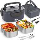 Electric Lunch Box Food Heater 3 in 1 Portable Warmer Leakproof Heated Box for Adults, Heating Microwave for Car/Home with 2 Removable Stainless Steel Container, 12V/24V 110V