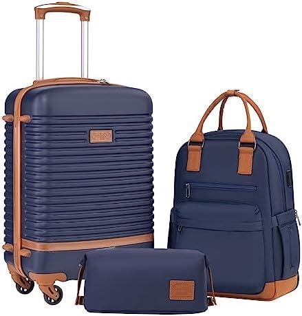 Coolife Suitcase Set 3 Piece Luggage Set Carry On Travel Luggage TSA Lock Spinner Wheels Hardshell Lightweight Luggage Set(Navy, 3 piece set (BP/TB/20))