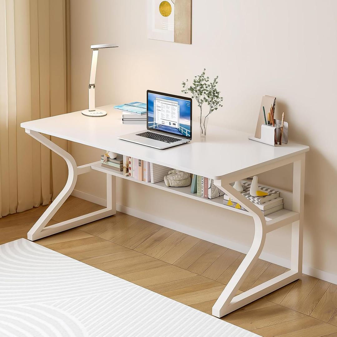OSCHF 47.3-Inch Writing Desk with Storage Shelf, Warm White, 47.3x23.6 inch