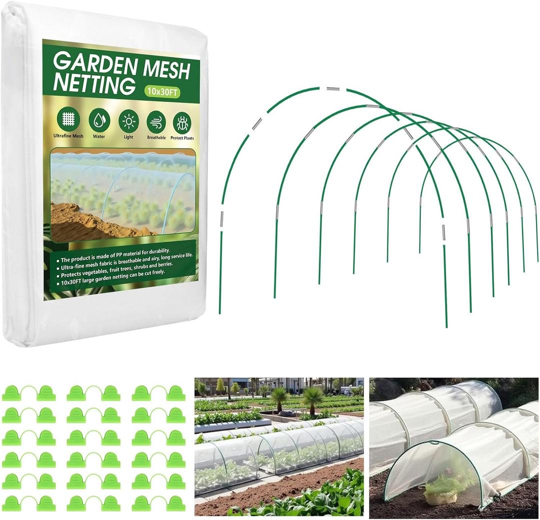 Garden Netting Kit for Raised Beds, 10x30FT Ultra Fine Mesh Netting 6 Sets of 8FT Fiberglass Garden Hoops, Bird Barrier Protection Net Vegetable Plant Cover Fruit Flowers Row Cover