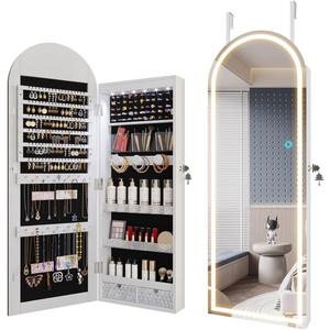 LVSOMT Wall Mounted Jewelry Organizer Lockable, 43"x16" Door Hanging Arched Mirror with Lights and Jewelry Storage, 6 LEDs Jewelry Cabinet (White)