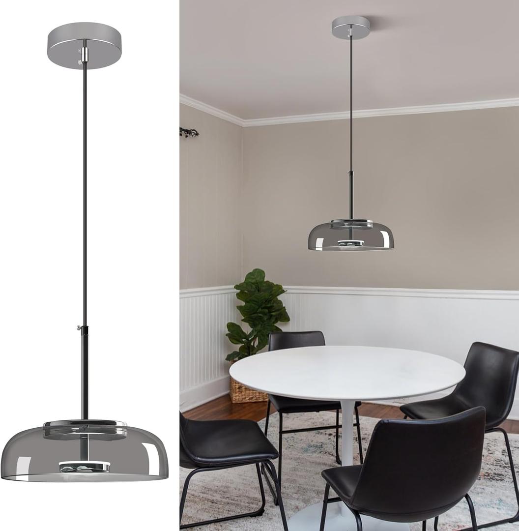 Smoke Gray Glass Pendant Lights Kitchen Island Modern 6000K LED Pendant Light Fixtures Chrome Finish Ceiling Hanging Lights for Bedroom Dining Room (8.85 in, 1 Pack)