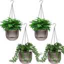 Meanplan 4 Pcs Self Watering Hanging Planter Indoor 6.5 Inch Hanging Baskets for Plants Outdoor Plastic Flower Pot with 3 Hooks Chains Drainage Holes for Garden Home, Medium Size, (Gray)