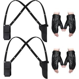 Jiuguva 2 Pieces Adjustable Vertical Leather Gun Shoulder Holster Black Elastic Gun Holster and 2 Pcs Gloves for Women Men Halloween Cosplay