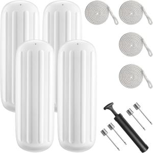 Boat Fenders 4 Pack 10 x 28 Inches Ribbed Center Hole Boat Fenders Bumpers for Docking, Comes with 4 Lines and Pump to Inflate (White)