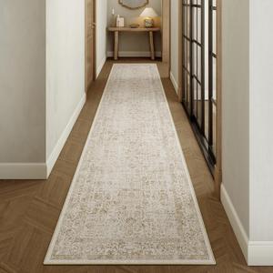 Light Brown Runner Rug 2'x10' Hallway Machine Washable Kitchen Vintage Distressed Non Slip Long Carpet Indoor Retro Floral Bedroom Accent Throw Rug for Bathroom Office Laundry Dining Room