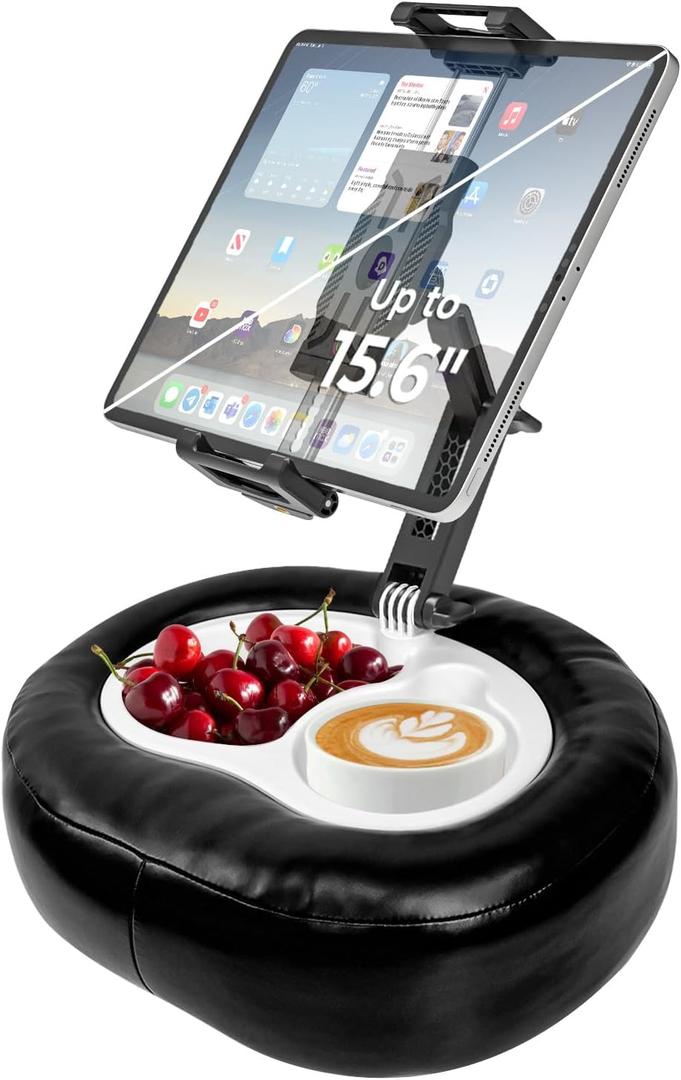 Tablet Pillow Stand with Storage Liner - Leatherette, Stable Support for 6.1-15.6 Inch Devices, Waterproof & Foldable for Sofa/Bed/Floor, Fit Thickness Case for iPad Pro/Air/Mini, Galaxy Tab