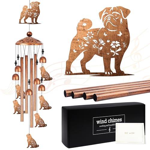 Pug Wind Chimes, Pug Gifts for Pug Lovers Women Men, Dog Metal Windchimes, Outdoor Memorial Housewarming Birthday Gifts, Patio Décor