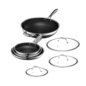 HexClad Hybrid Nonstick 7-Piece Pan Set, 8, 10, and 12-Inch Frying Pans with Tempered Glass Lids and 12-Inch Wok, Stay-Cool Handles, Dishwasher-Friendly, Induction Ready, Compatible with All Cooktops
