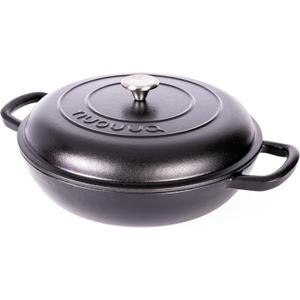 Shallow Cast Iron Casserole with Lid  Non Stick Dutch Oven Pot, Oven Safe up to 500 F  Sturdy Ovenproof Stockpot Cookware  Enamelled Cooking Pot  Black, 5-Quart, 32cm  by Nuovva