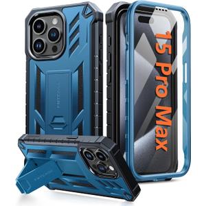 FNTCASE for iPhone 15-Pro-Max Case: Military Grade Drop Proof Rugged Protective Cell Phone Cover with Kickstand & Built-in Protector | Matte Textured Shockproof TPU Hybrid Bumper Cases (Blue)