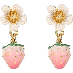 Pink Strawberry Flower Drop Earrings - Cute Enamel Fruit & Floral Earrings for Women, 18K Gold Plated Dainty Aesthetic Jewelry