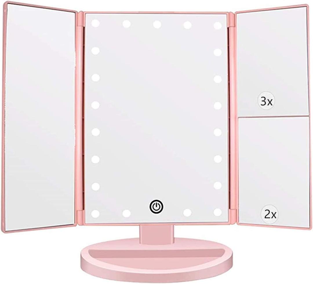 Flymiro Tri-fold Lighted Vanity Makeup Mirror with 3x/2x Magnification,Light up Mirror for Makeup,Touch Screen 21 LEDs,180 Rotation Countertop Cosmetic Mirror,Gifts for Women Mom Teen Girls