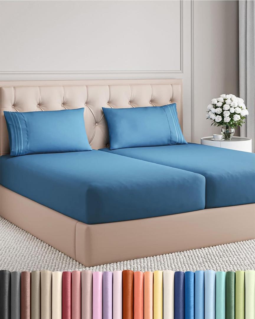Split King Size 5 Piece Sheet Set - Comfy Breathable & Cooling Bed Sheets Set - Hotel Luxury Bedding for Women, Men, Kids, Teens, Boys & Girls - Deep Pockets and Wrinkle Free - Oeko-Tex - Denim Blue