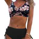 Fanuerg Women's Twist Front High Waisted Bikini Swimsuit Drawstring Tie Side Bottom Two Piece Bathing Suit (XX-Large, Black Floral)