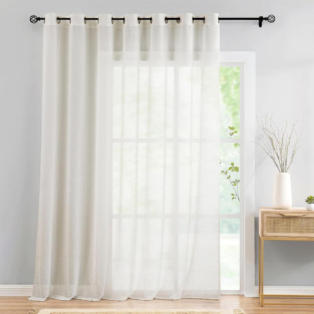 FMFUNCTEX Linen Sheer Sliding Door Curtains for Bedroom, Beige Curtains 96 Inches Long Window Curtain Drapes for Living Room, Natural Patio Glass Door Extra 100 Wide Curtain, Grommet Top 2 Panels