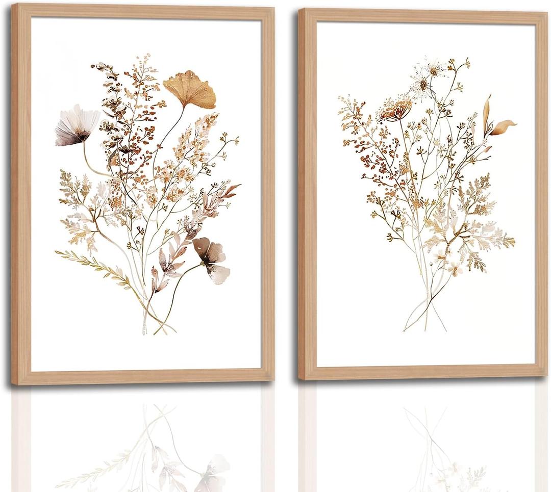 2Pcs Framed Watercolor Botanical Wall Art Vintage Floral Art Prints Wildflowers Art Modern Boho Canvas Wall Art Painting Farmhouse Wall Picture Decor for Living Room Bedroom Decor 16x24 Inch