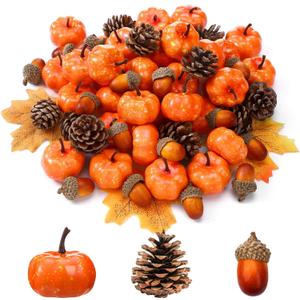 Yookeer 120 Pcs Thanksgiving Mini Pumpkins Artificial Acorns Pine Cones for Decorating Fall Vase Filler Thanksgiving Table Centerpiece Small Fake Props Bulk for Autumn Harvest DIY Craft (Classic Color)