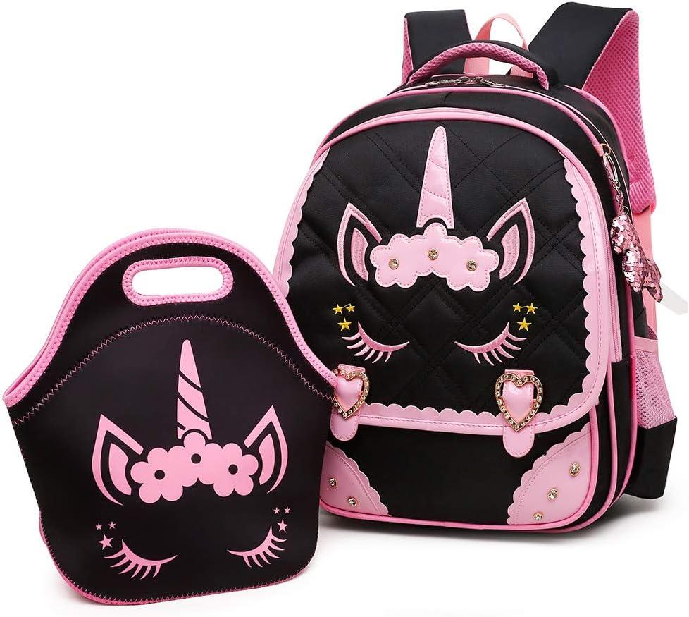 Moonmo Cute Unicorn Face Diamond Sequins Waterproof Princess School Backpack Set Girls Book Bag (Large)