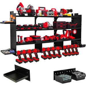 Large Power Tool Organizer Wall Mount, With Attachable Shelves - Garage Storage System, Heavy Duty 4-Tier Rack Holds 12 Drills  Screw Holder Accessories, Utility Shelf for Workshop Organization